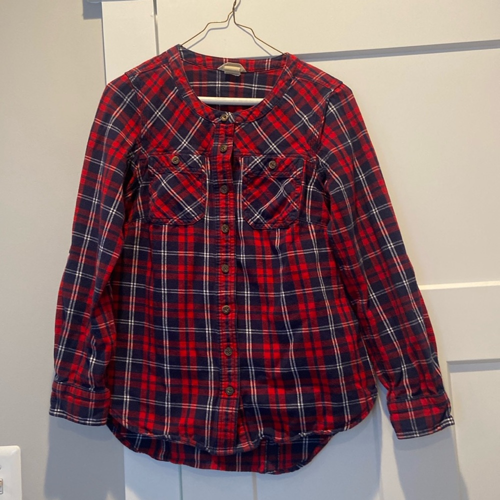 Duluth collarless flannel shirt red navy XS